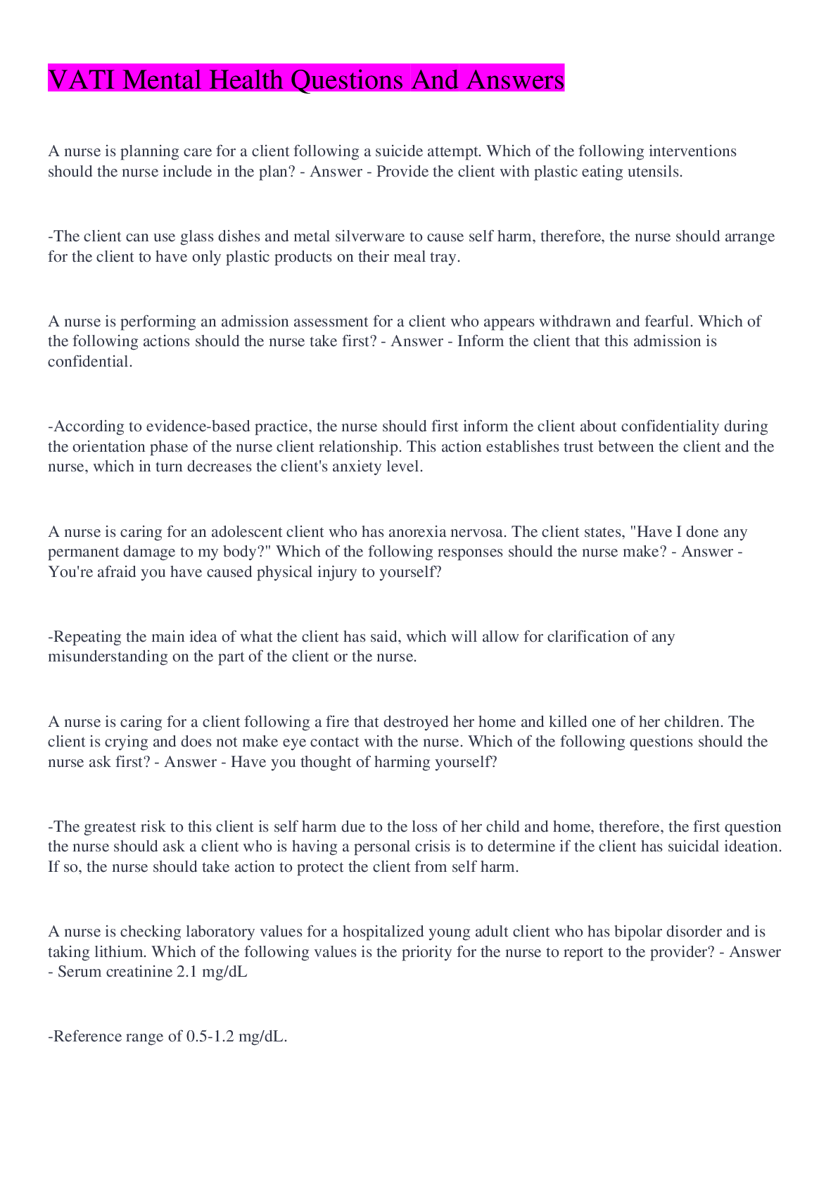 Preview of VATI Mental Health Questions And Answers